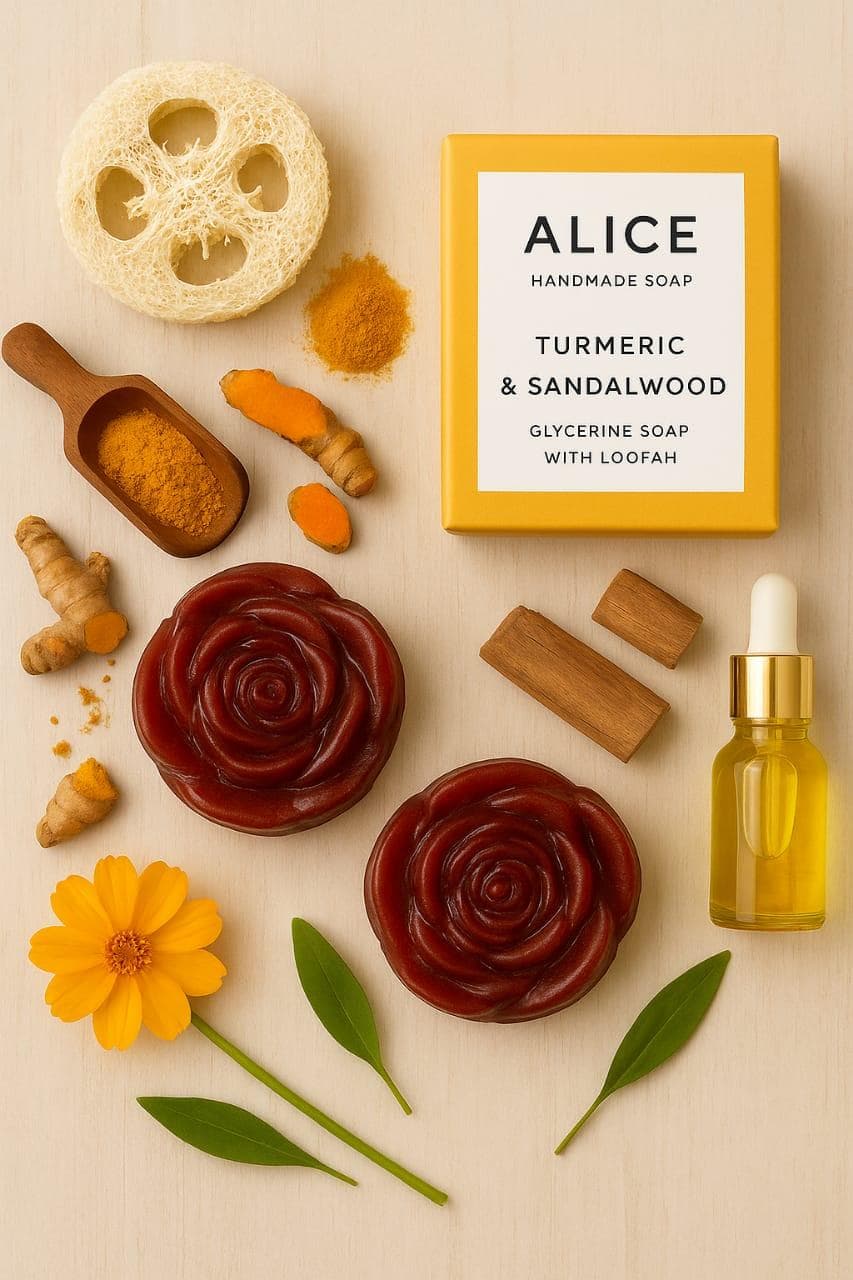 Alice Turmeric and Sandalwood Handmade Glycerine Soap with Loofah